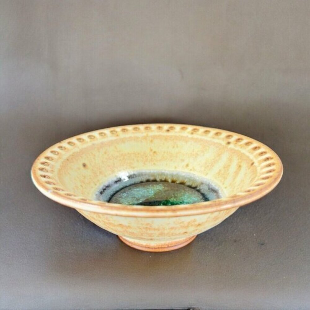 Hand Made Pottery Dish Bowl With Recycle Crystalline‎ Glass Center Dots Center